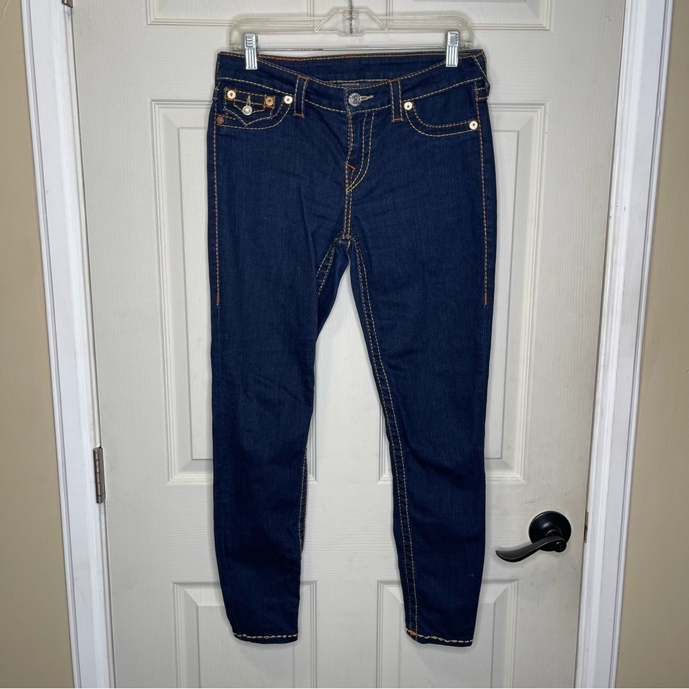 True Religion Women's Dark Wash Super Skinny Big T Flap Jean Sz 28